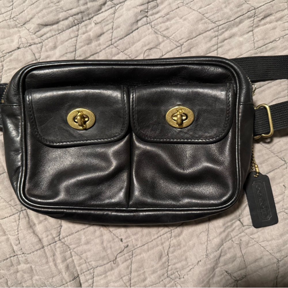 Coach Black and Gold Belt Bag with Glossy Leather Finish